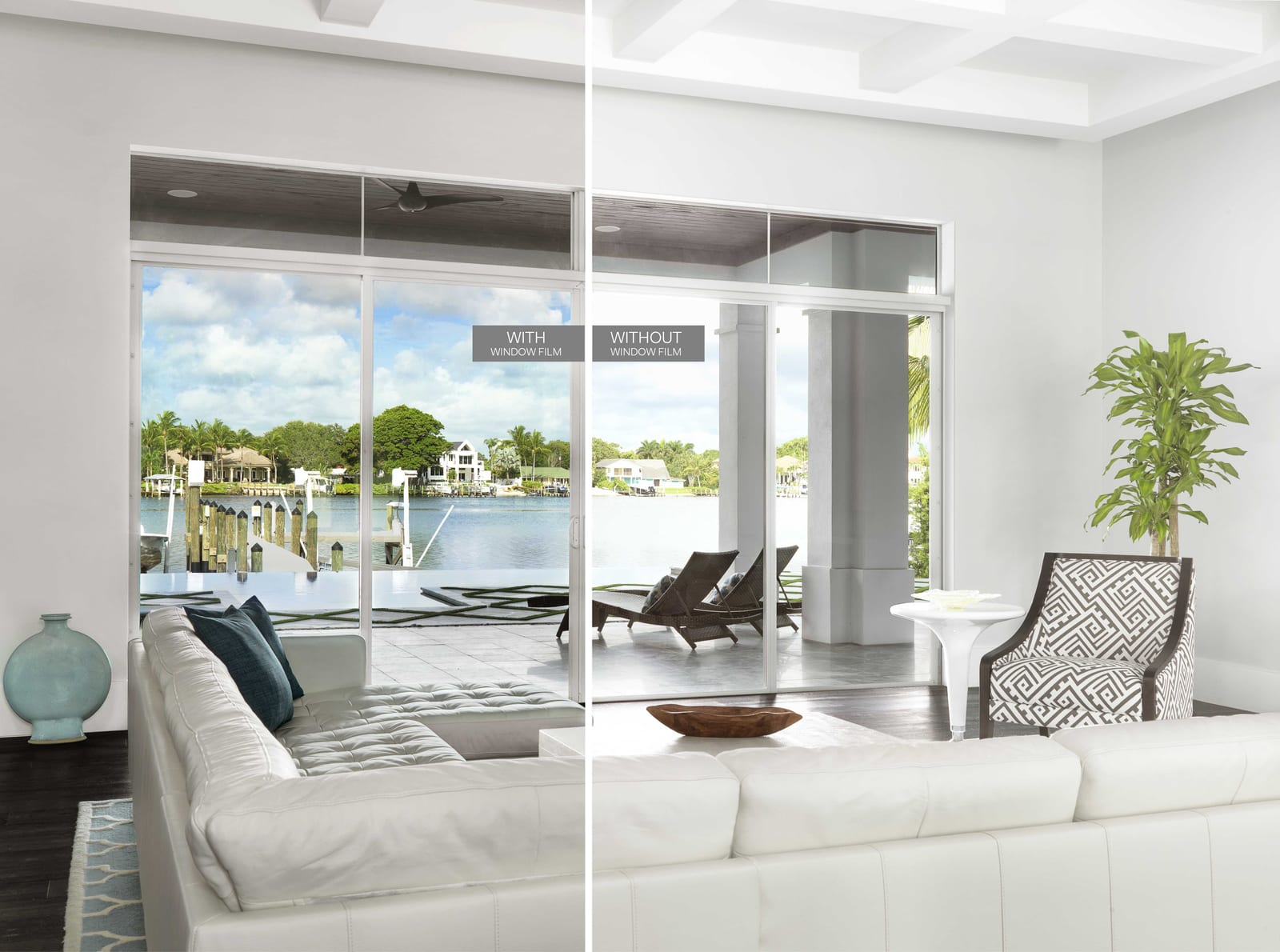 Sunlit living room with residential window film